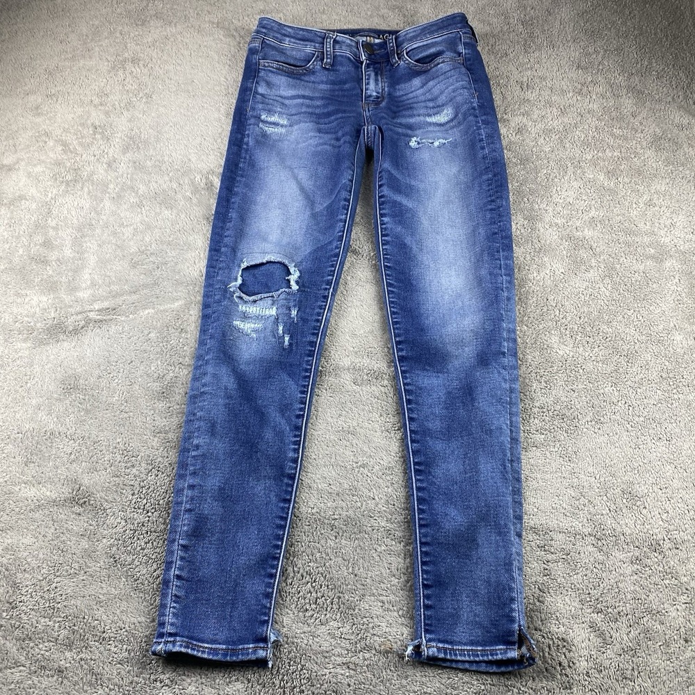 American Eagle Stretch Jegging Womens 2R Blue Medium Wash Low Rise Distressed
